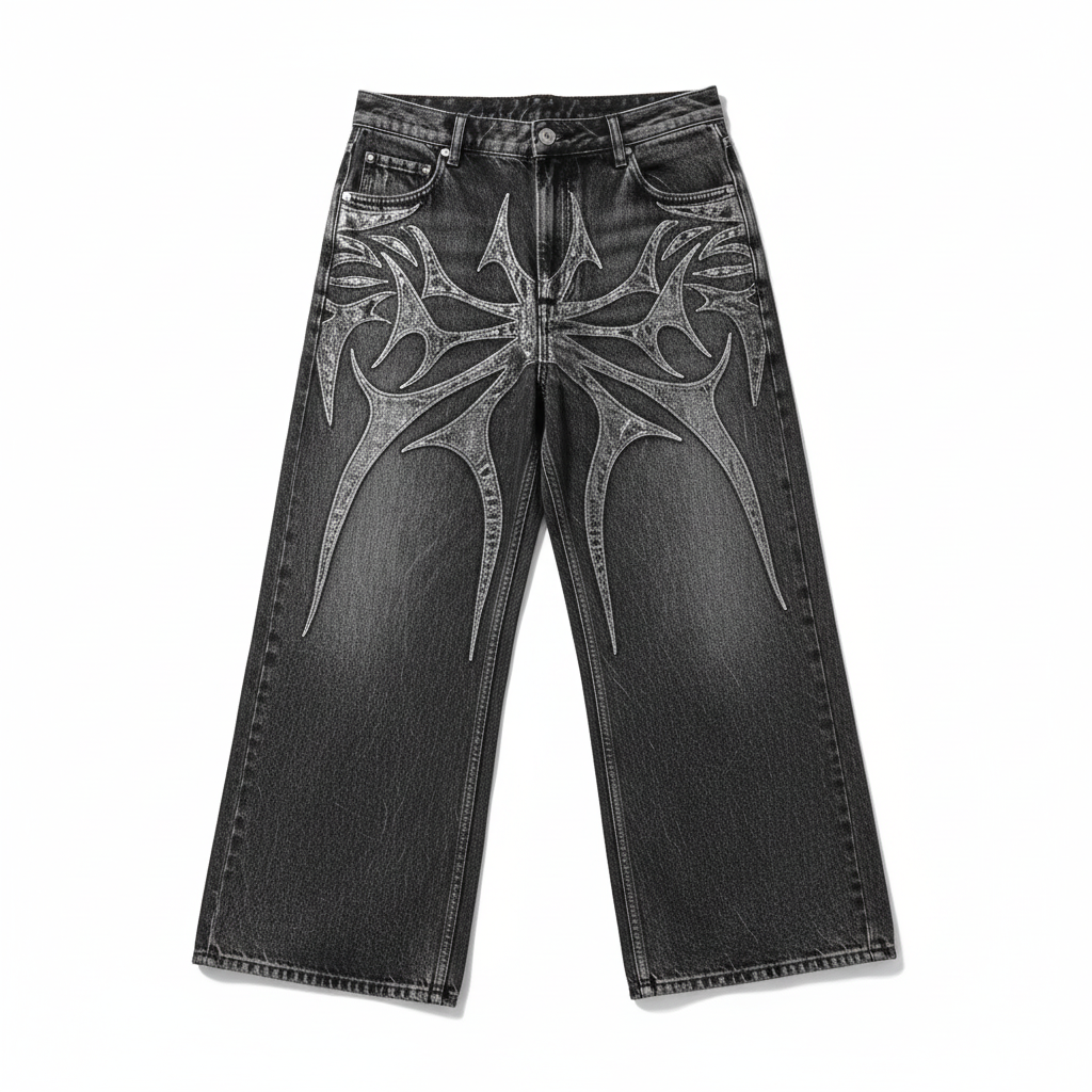 Gothic Retro Oversized Spider Embroidered Jeans – Unisex High-Street Edition