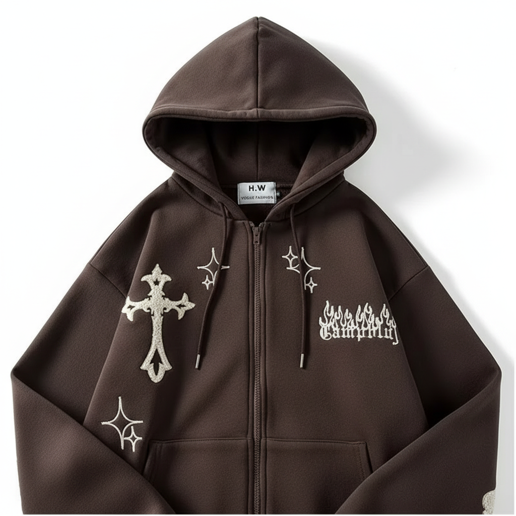 Retro Y2K Embroidered Cross Fire Hoodie – Women’s Autumn/Winter Streetwear