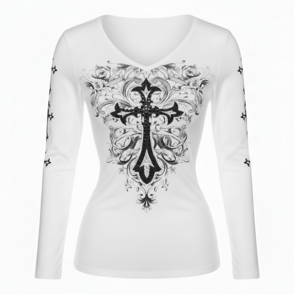 Vintage Harajuku Cross Print Long Sleeve Tee – Women’s Y2K Streetwear