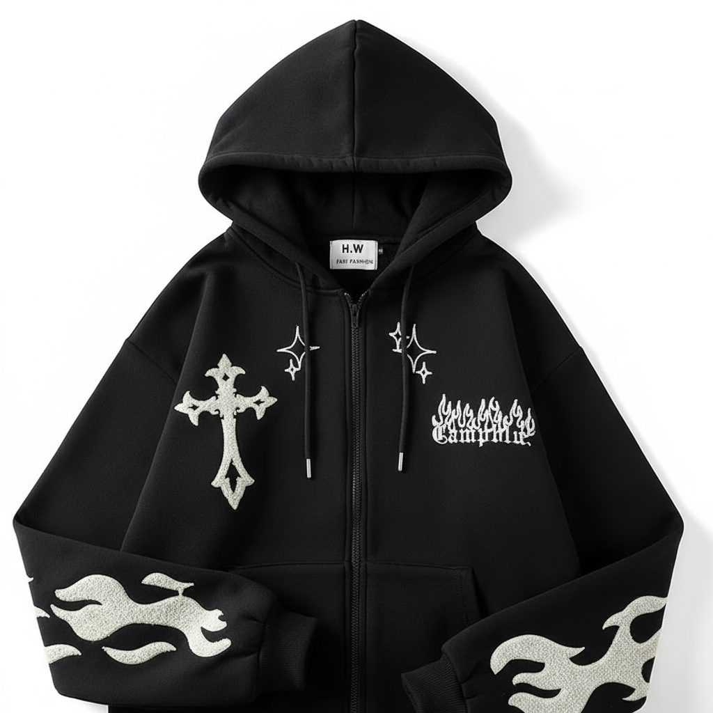 Retro Y2K Embroidered Cross Fire Hoodie – Women’s Autumn/Winter Streetwear
