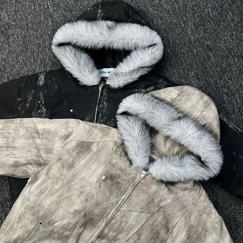 2025 European and American new winter thickened fur collar hoodie Y2K couple down cotton warm jacket fashionable and versatile