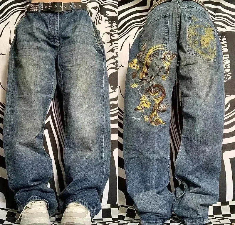 American Y2K New Casual Loose Pattern Print Loose Jeans Women Street Hip Hop Retro Oversized Wide-leg Pants Unisex Mopping Jeans