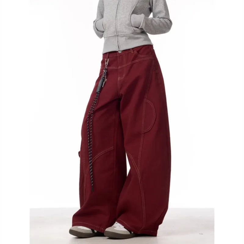 Cargo Red Casual Jeans Womens Workwear Pants Loose Straight Wide Leg Trousers Spring Korean Style Lazy Comfortable Chic