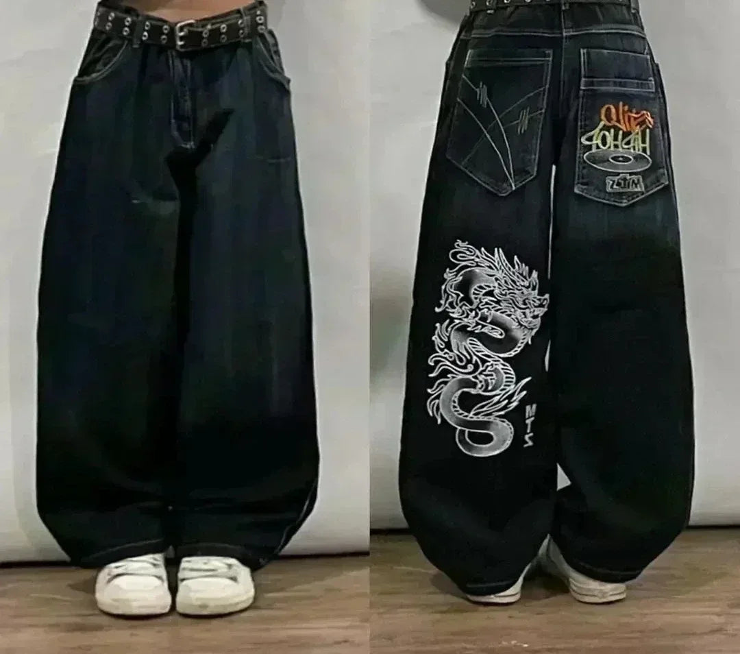 American Y2K New Casual Loose Pattern Print Loose Jeans Women Street Hip Hop Retro Oversized Wide-leg Pants Unisex Mopping Jeans