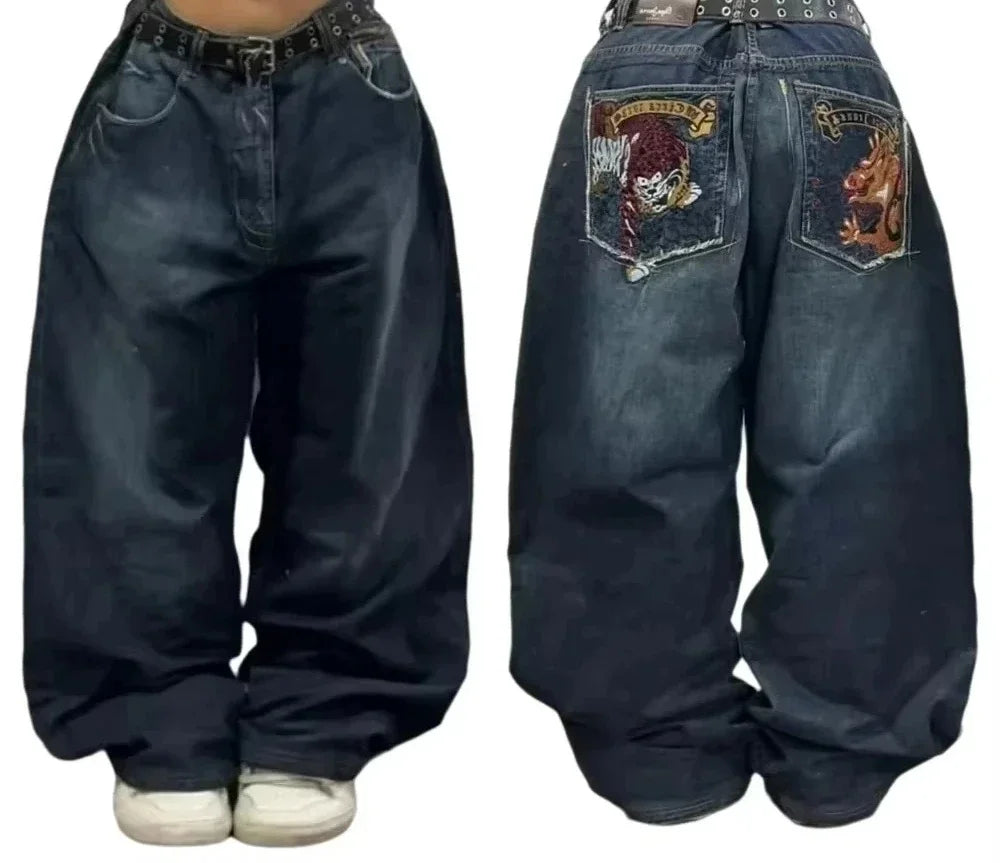 American Y2K New Casual Loose Pattern Print Loose Jeans Women Street Hip Hop Retro Oversized Wide-leg Pants Unisex Mopping Jeans