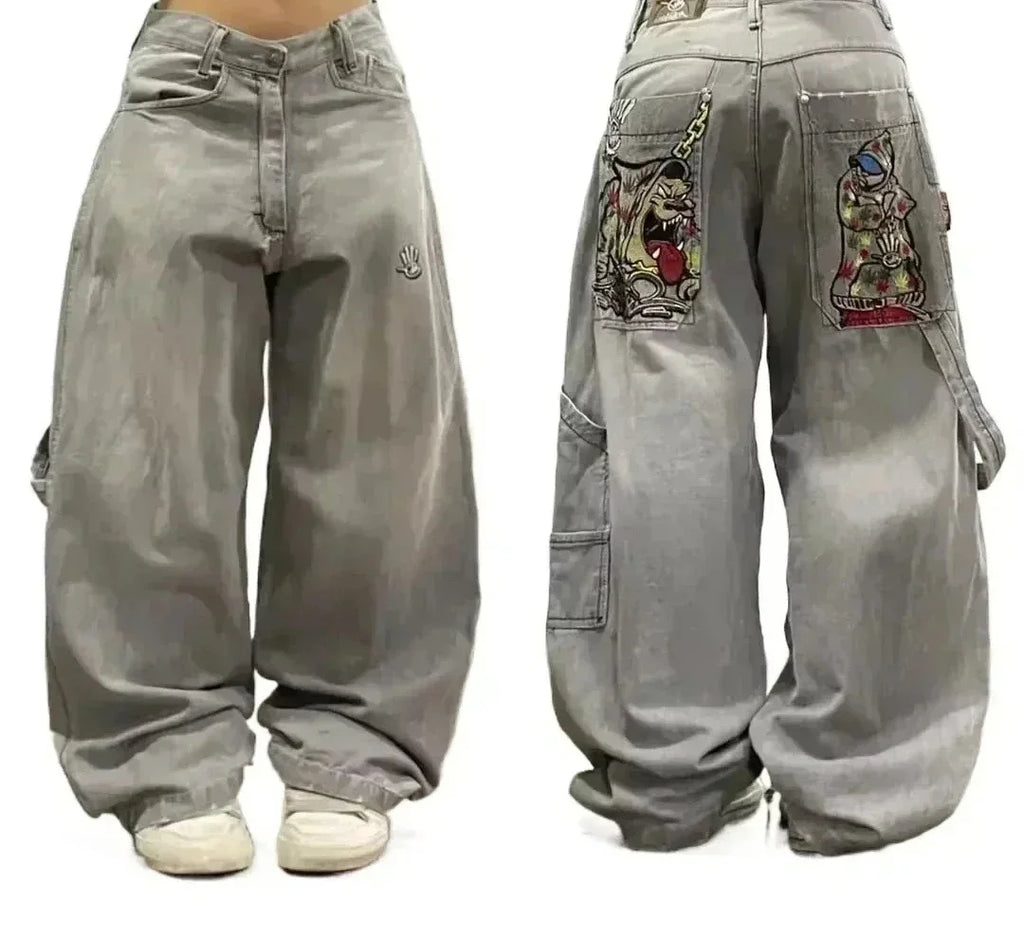 American Y2K New Casual Loose Pattern Print Loose Jeans Women Street Hip Hop Retro Oversized Wide-leg Pants Unisex Mopping Jeans