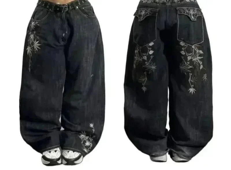 American Y2K New Casual Loose Pattern Print Loose Jeans Women Street Hip Hop Retro Oversized Wide-leg Pants Unisex Mopping Jeans