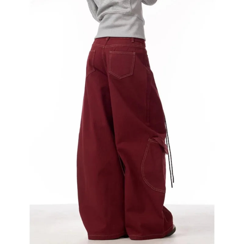 Cargo Red Casual Jeans Womens Workwear Pants Loose Straight Wide Leg Trousers Spring Korean Style Lazy Comfortable Chic