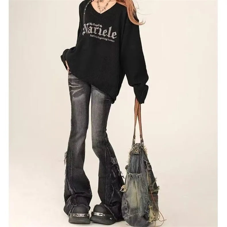 American Grey Frayed Y2K Flared Denim Jeans High Waist Wide Leg Elastic Horse Hoof Pants Youth Casual Sweet And Spicy Style