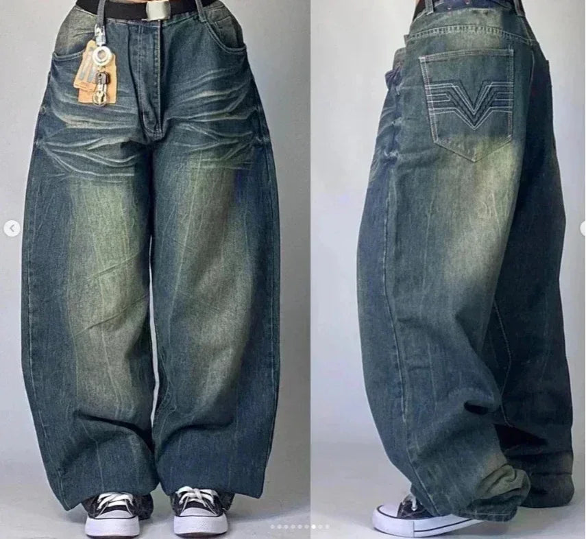 American Y2K New Casual Loose Pattern Print Loose Jeans Women Street Hip Hop Retro Oversized Wide-leg Pants Unisex Mopping Jeans