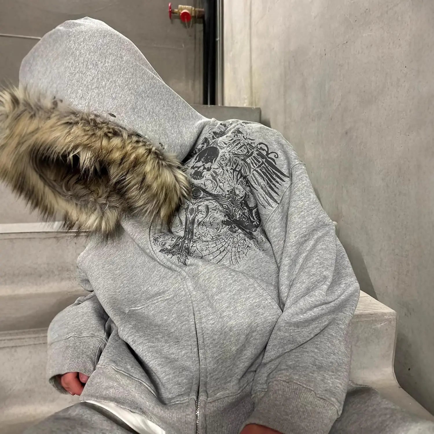 2000s Vintage Therian Fur Hood Jacket Y2k Goth Zip Up Hoodie Oversized Graphic Sweatshirt Emo Grunge Streetwear Fall Winter 2025