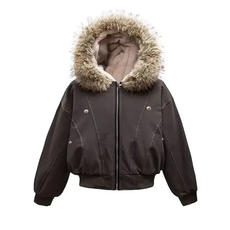 2025 European and American new winter thickened fur collar hoodie Y2K couple down cotton warm jacket fashionable and versatile