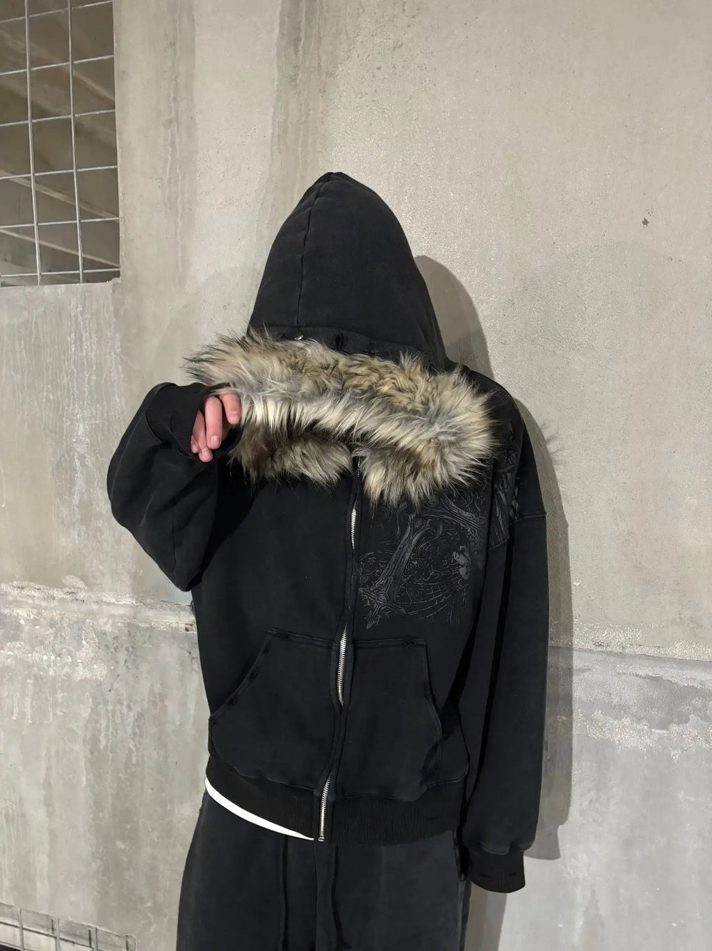 2000s Vintage Therian Fur Hood Jacket Y2k Goth Zip Up Hoodie Oversized Graphic Sweatshirt Emo Grunge Streetwear Fall Winter 2025