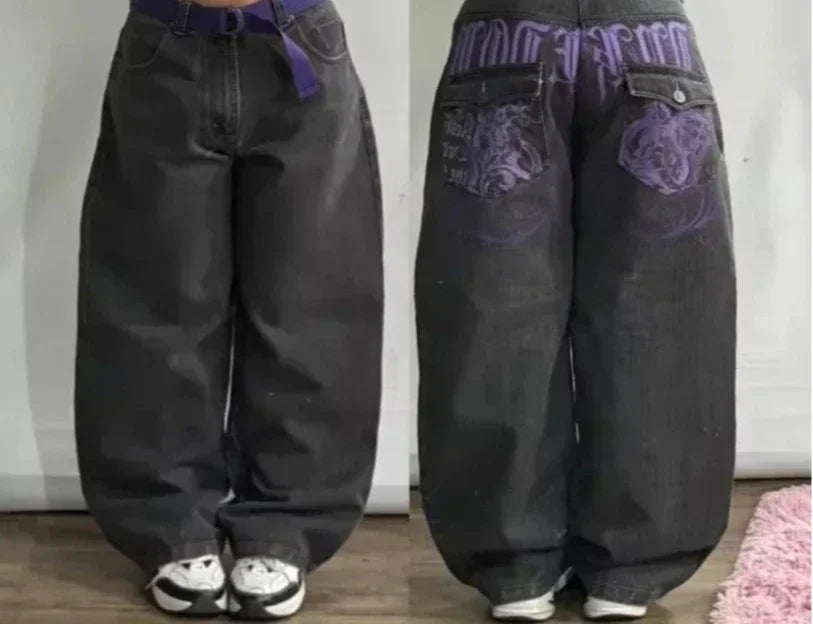 American Y2K New Casual Loose Pattern Print Loose Jeans Women Street Hip Hop Retro Oversized Wide-leg Pants Unisex Mopping Jeans