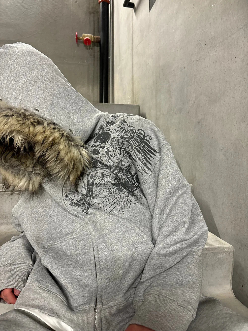2000s Vintage Therian Fur Hood Jacket Y2k Goth Zip Up Hoodie Oversized Graphic Sweatshirt Emo Grunge Streetwear Fall Winter 2025