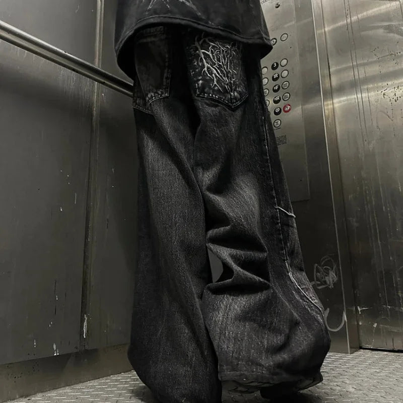 Gothic Retro Oversized Spider Embroidered Jeans – Unisex High-Street Edition