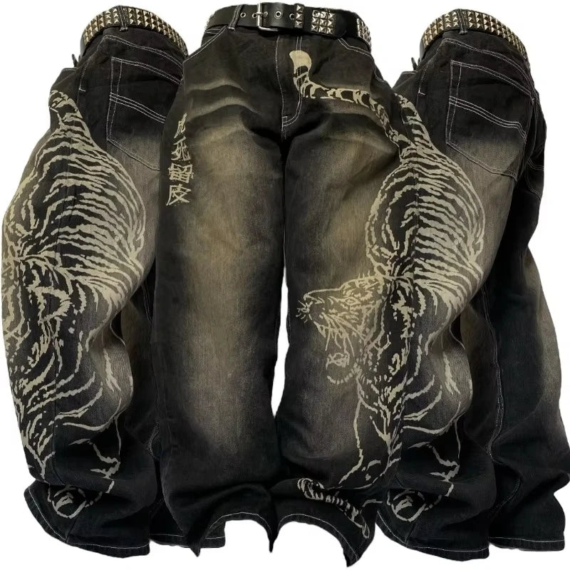 American Y2K New Casual Loose Pattern Print Loose Jeans Women Street Hip Hop Retro Oversized Wide-leg Pants Unisex Mopping Jeans