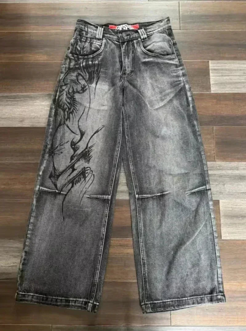 American Y2K New Casual Loose Pattern Print Loose Jeans Women Street Hip Hop Retro Oversized Wide-leg Pants Unisex Mopping Jeans