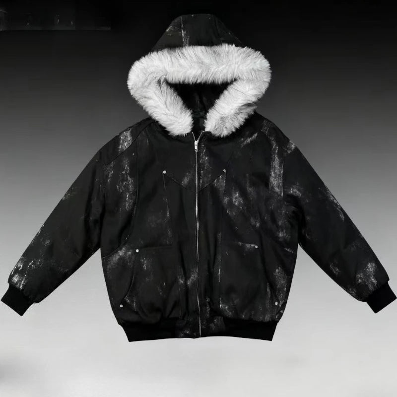 2025 European and American new winter thickened fur collar hoodie Y2K couple down cotton warm jacket fashionable and versatile