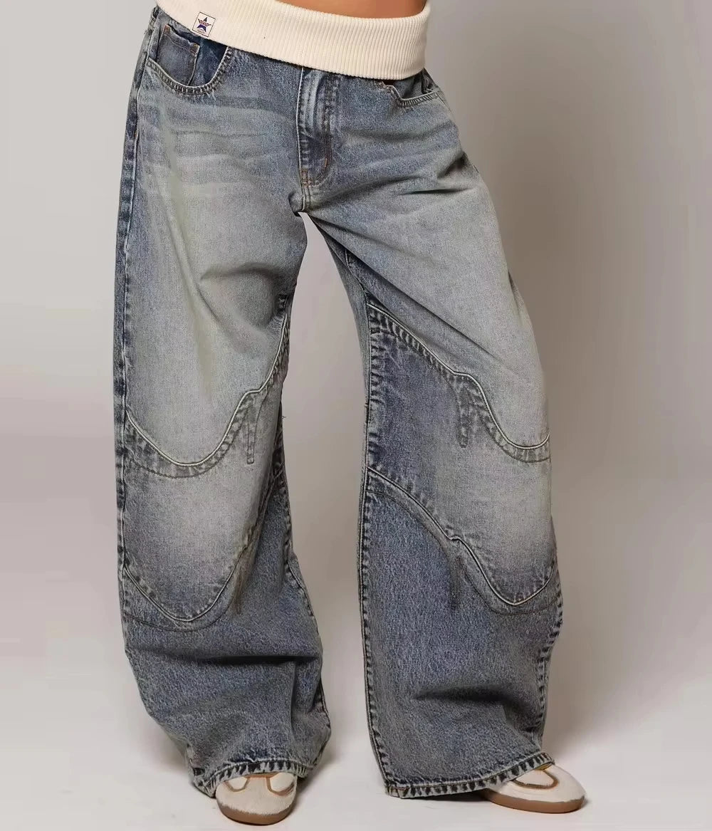 American Y2K New Casual Loose Pattern Print Loose Jeans Women Street Hip Hop Retro Oversized Wide-leg Pants Unisex Mopping Jeans