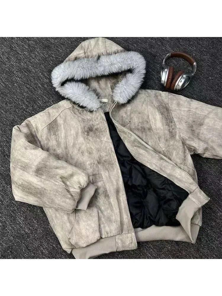 2025 European and American new winter thickened fur collar hoodie Y2K couple down cotton warm jacket fashionable and versatile