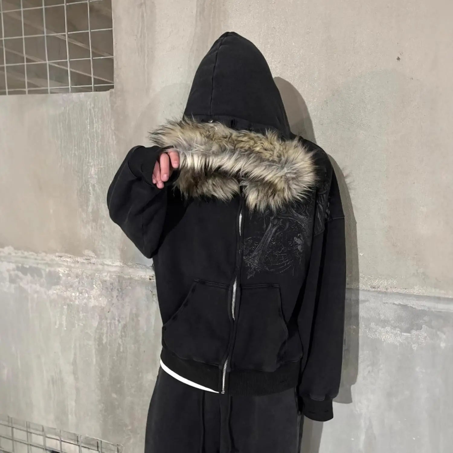 2000s Vintage Therian Fur Hood Jacket Y2k Goth Zip Up Hoodie Oversized Graphic Sweatshirt Emo Grunge Streetwear Fall Winter 2025