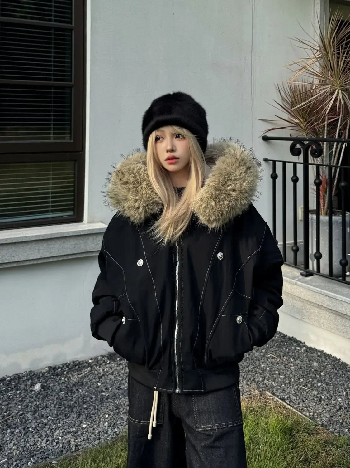 2025 European and American new winter thickened fur collar hoodie Y2K couple down cotton warm jacket fashionable and versatile
