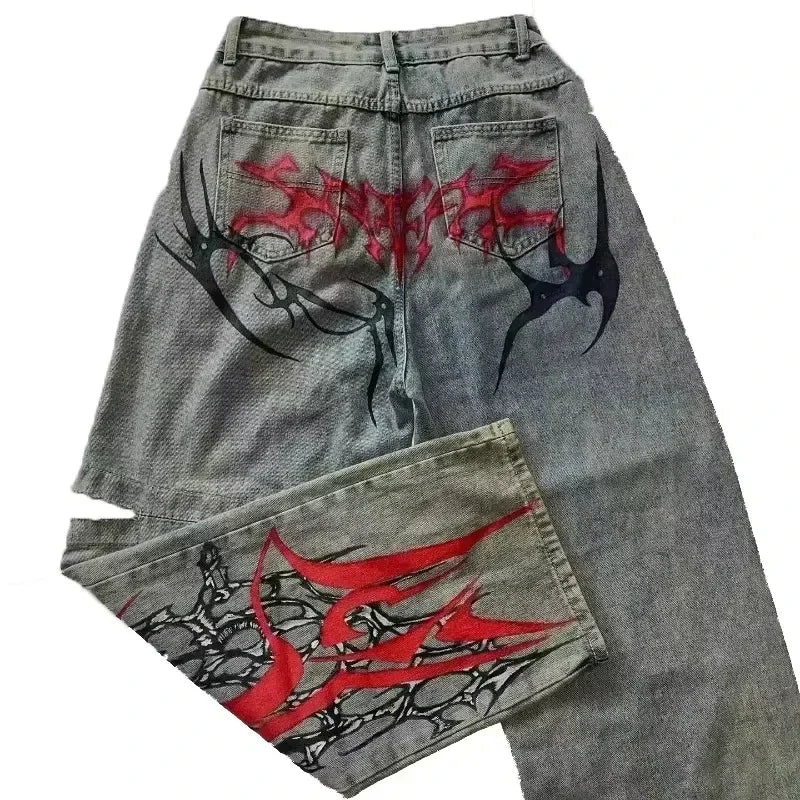 American Y2K New Casual Loose Pattern Print Loose Jeans Women Street Hip Hop Retro Oversized Wide-leg Pants Unisex Mopping Jeans