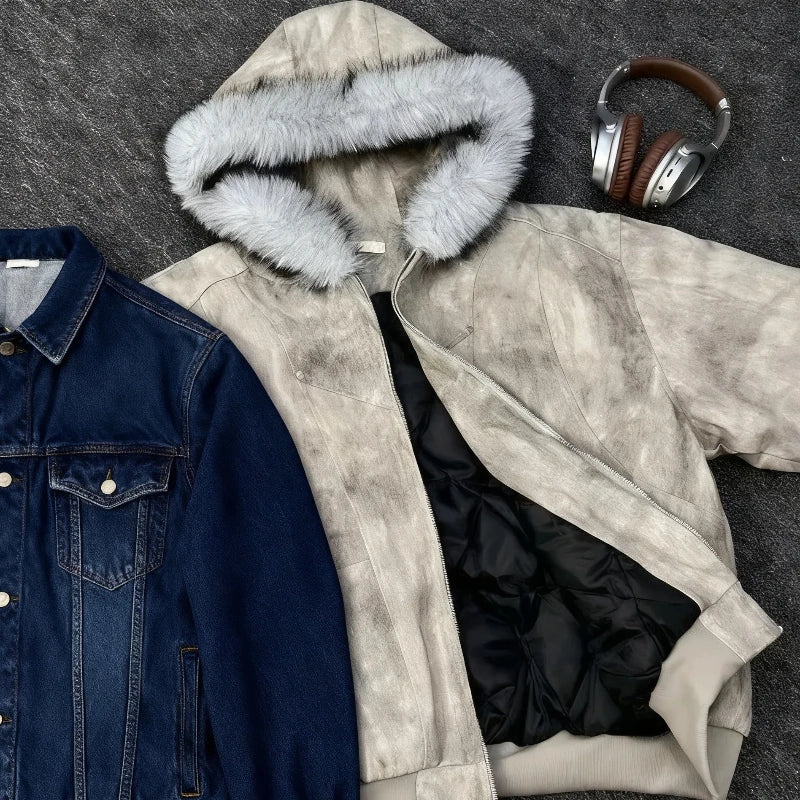 2025 European and American new winter thickened fur collar hoodie Y2K couple down cotton warm jacket fashionable and versatile