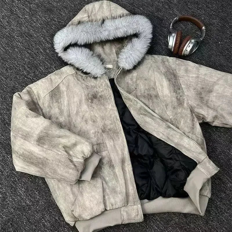 2025 European and American new winter thickened fur collar hoodie Y2K couple down cotton warm jacket fashionable and versatile