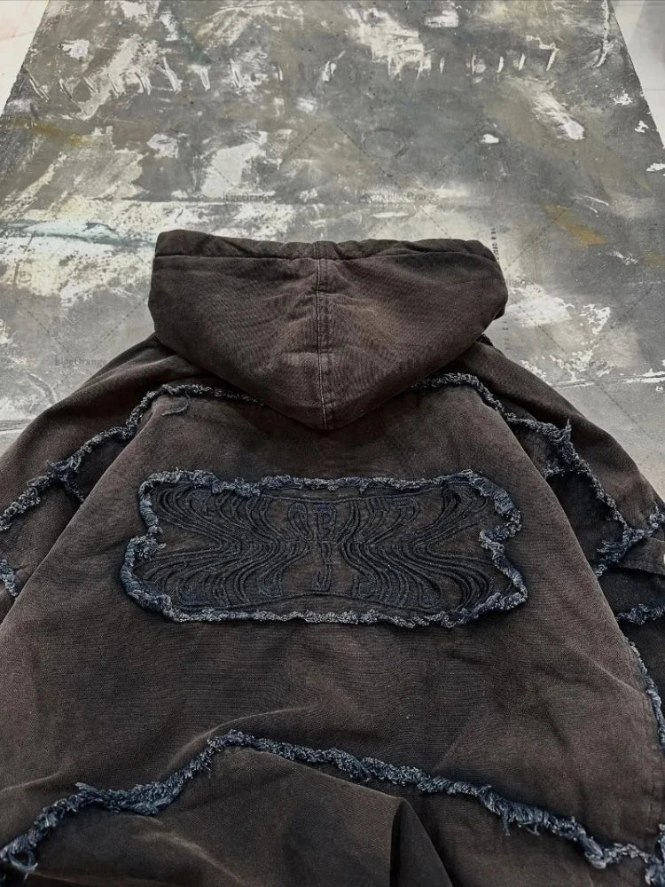 Punk High Street Fashion Destructive Style Zipper Hoodie Men Multi Pocket Embroidered Sweatshirt Trendy Whisker Design Casual