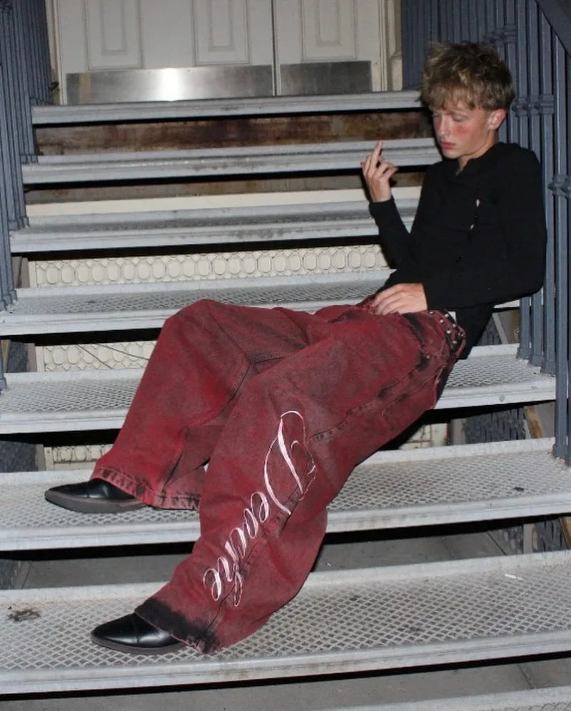Y2K Washed Red Baggy Jeans – High-Waist Wide-Leg Streetwear