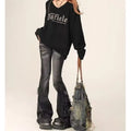 American Grey Frayed Y2K Flared Denim Jeans High Waist Wide Leg Elastic Horse Hoof Pants Youth Casual Sweet And Spicy Style