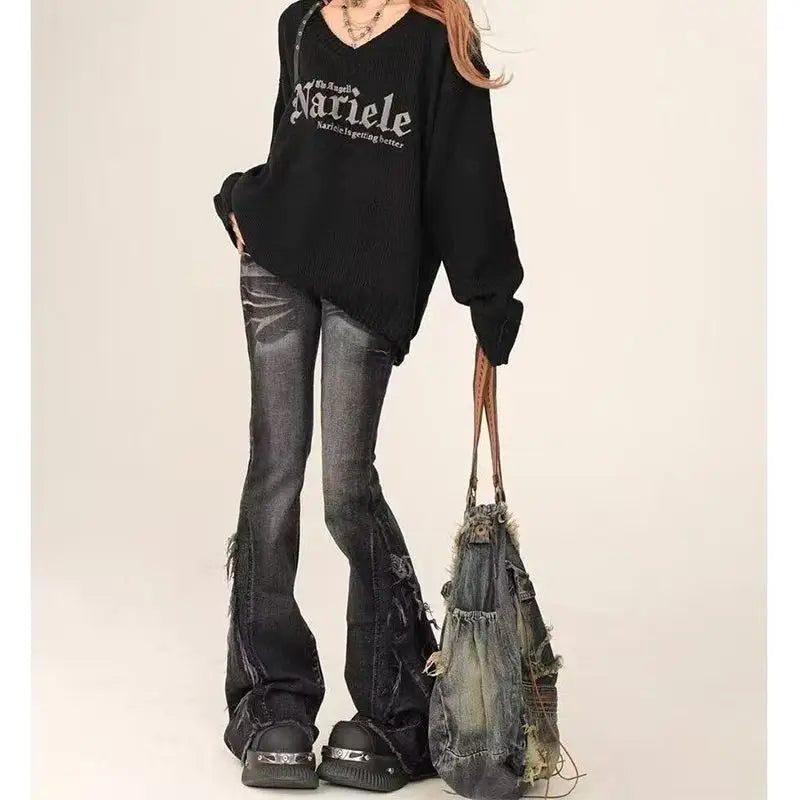 American Grey Frayed Y2K Flared Denim Jeans High Waist Wide Leg Elastic Horse Hoof Pants Youth Casual Sweet And Spicy Style