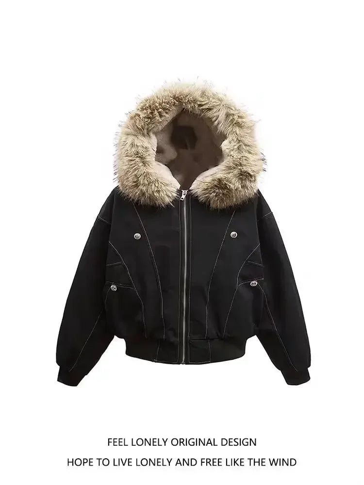 2025 European and American new winter thickened fur collar hoodie Y2K couple down cotton warm jacket fashionable and versatile