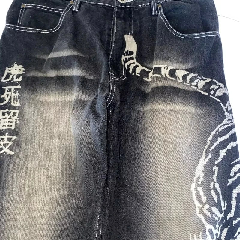 American Y2K New Casual Loose Pattern Print Loose Jeans Women Street Hip Hop Retro Oversized Wide-leg Pants Unisex Mopping Jeans