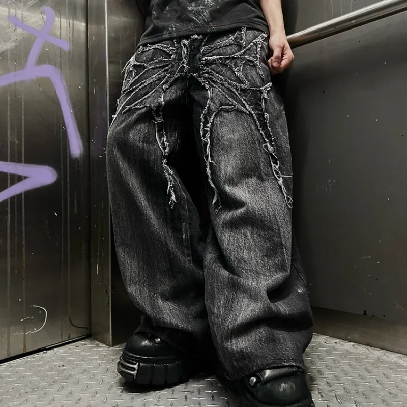 Gothic Retro Oversized Spider Embroidered Jeans – Unisex High-Street Edition