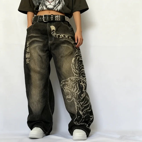 American Y2K New Casual Loose Pattern Print Loose Jeans Women Street Hip Hop Retro Oversized Wide-leg Pants Unisex Mopping Jeans
