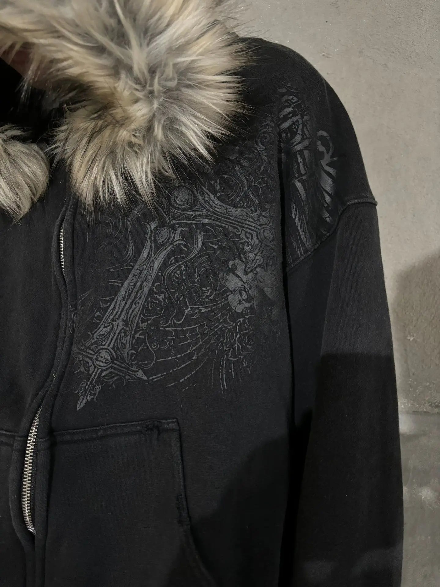 2000s Vintage Therian Fur Hood Jacket Y2k Goth Zip Up Hoodie Oversized Graphic Sweatshirt Emo Grunge Streetwear Fall Winter 2025