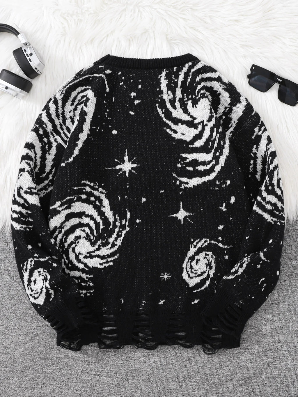Street Style Ripped Starry Sky Knit Pullover – Men’s Crew Neck Sweater