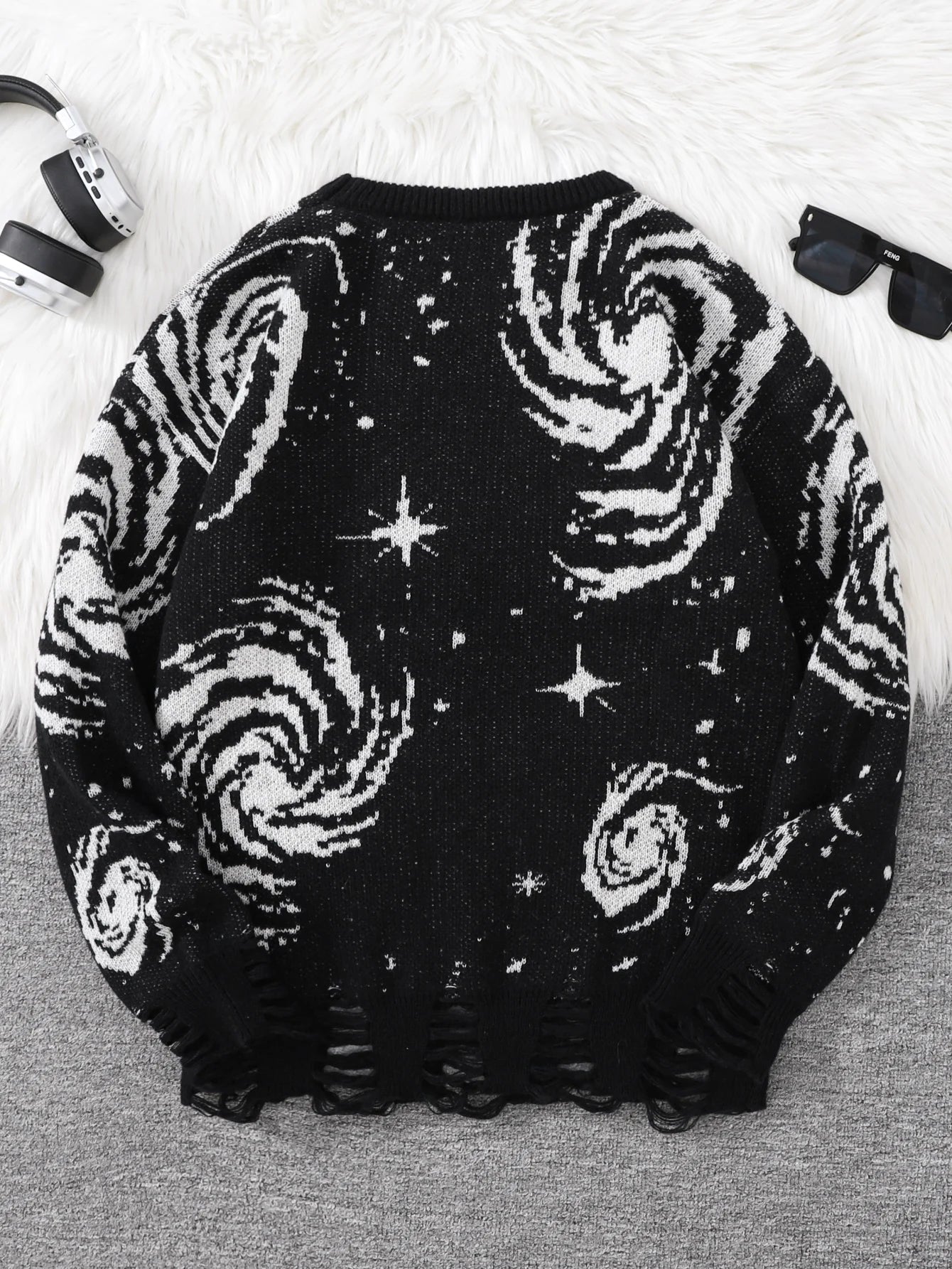 Street Style Ripped Starry Sky Knit Pullover – Men’s Crew Neck Sweater
