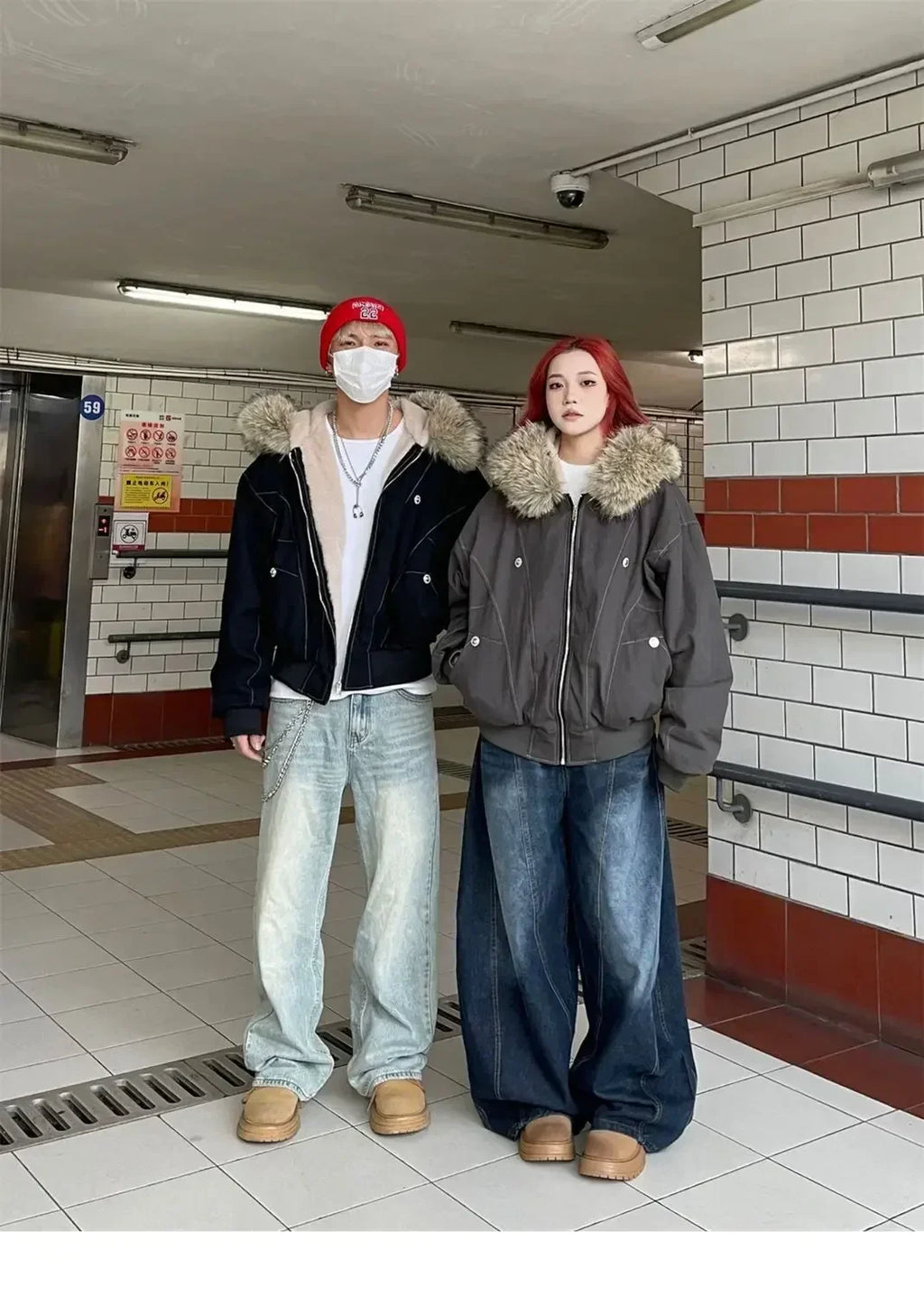 2025 European and American new winter thickened fur collar hoodie Y2K couple down cotton warm jacket fashionable and versatile