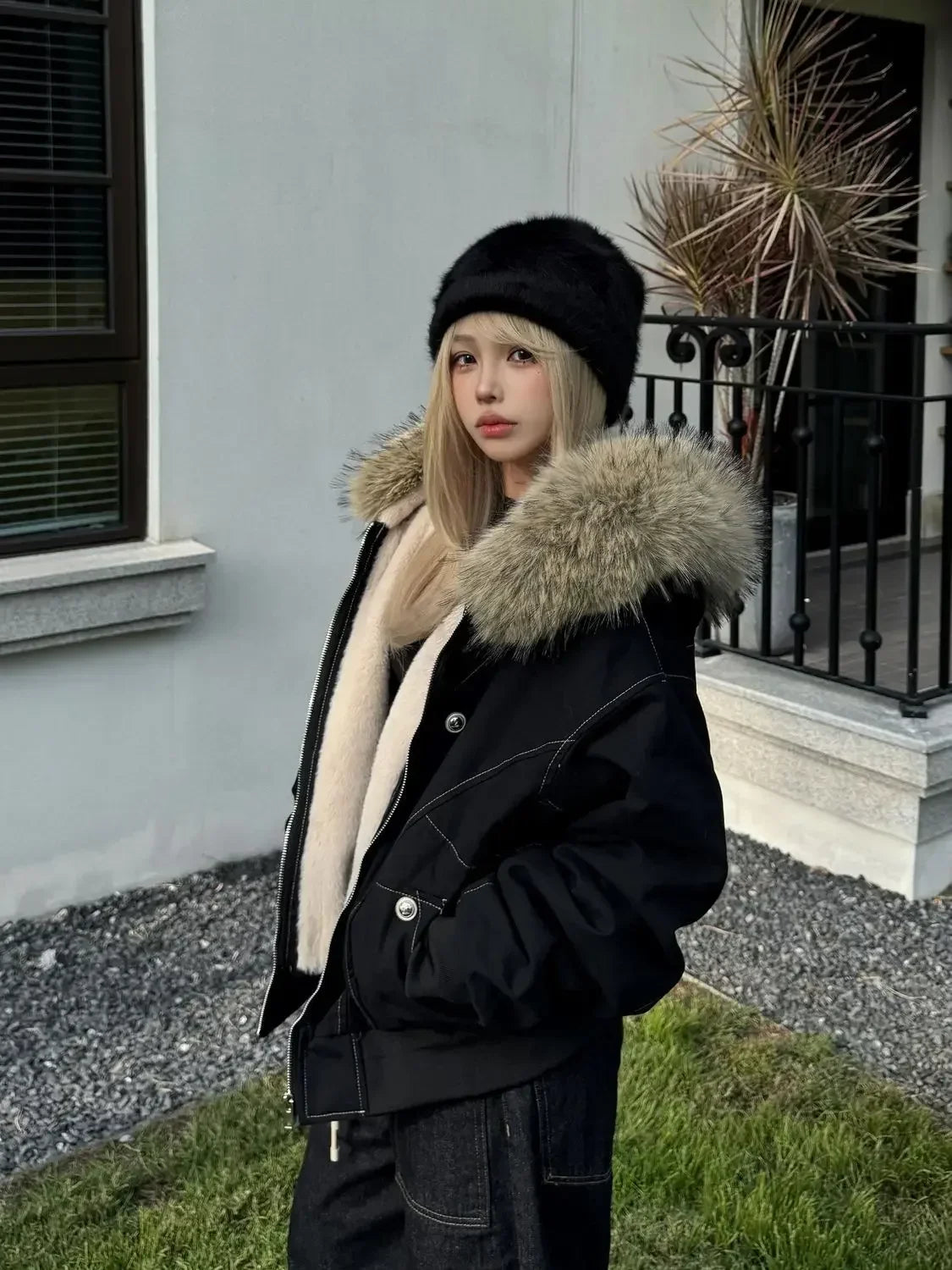 2025 European and American new winter thickened fur collar hoodie Y2K couple down cotton warm jacket fashionable and versatile