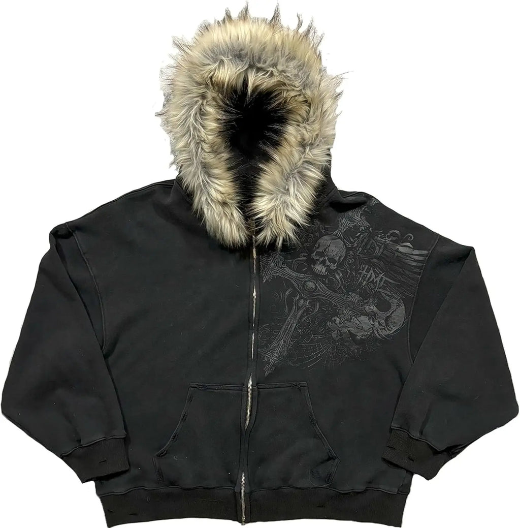 2000s Vintage Therian Fur Hood Jacket Y2k Goth Zip Up Hoodie Oversized Graphic Sweatshirt Emo Grunge Streetwear Fall Winter 2025