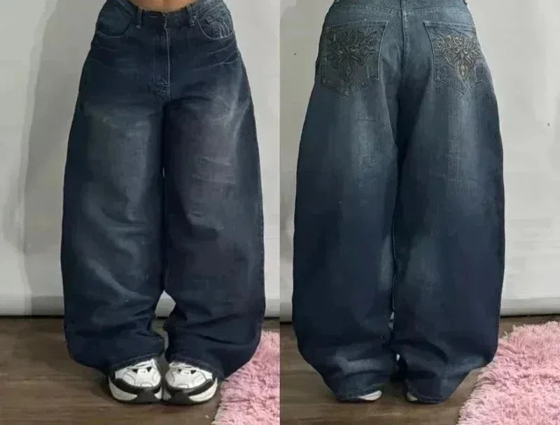 American Y2K New Casual Loose Pattern Print Loose Jeans Women Street Hip Hop Retro Oversized Wide-leg Pants Unisex Mopping Jeans