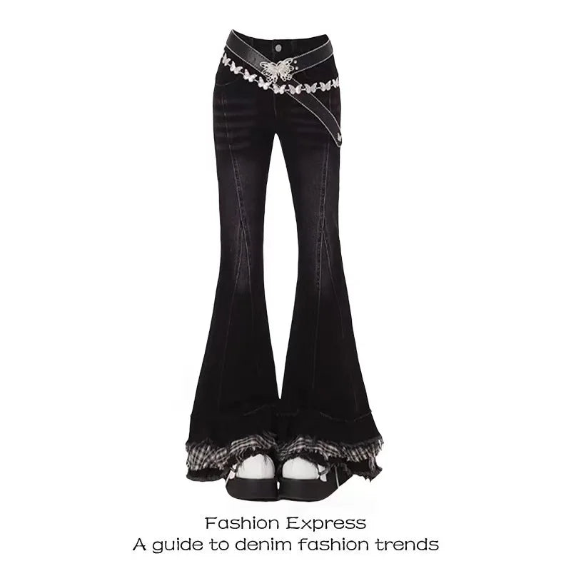 Vintage Slim Micro-flare Jeans Women Ins Fashionable Splicing Belt Edge Y2K Pants High Waist Straight American Street Trousers