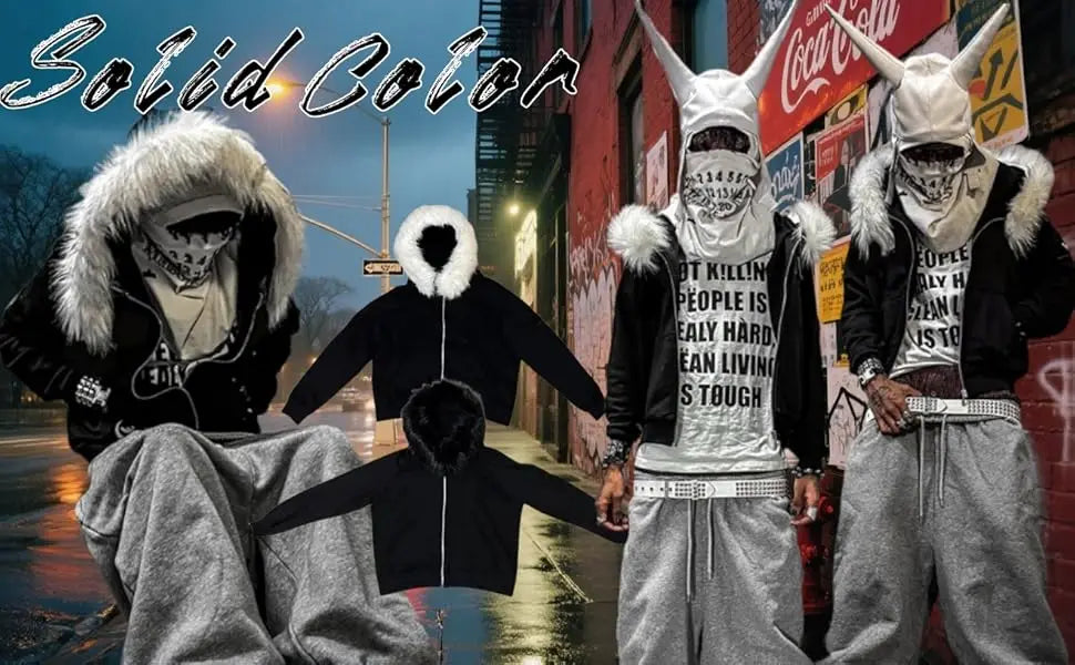 2000s Vintage Therian Fur Hood Jacket Y2k Goth Zip Up Hoodie Oversized Graphic Sweatshirt Emo Grunge Streetwear Fall Winter 2025