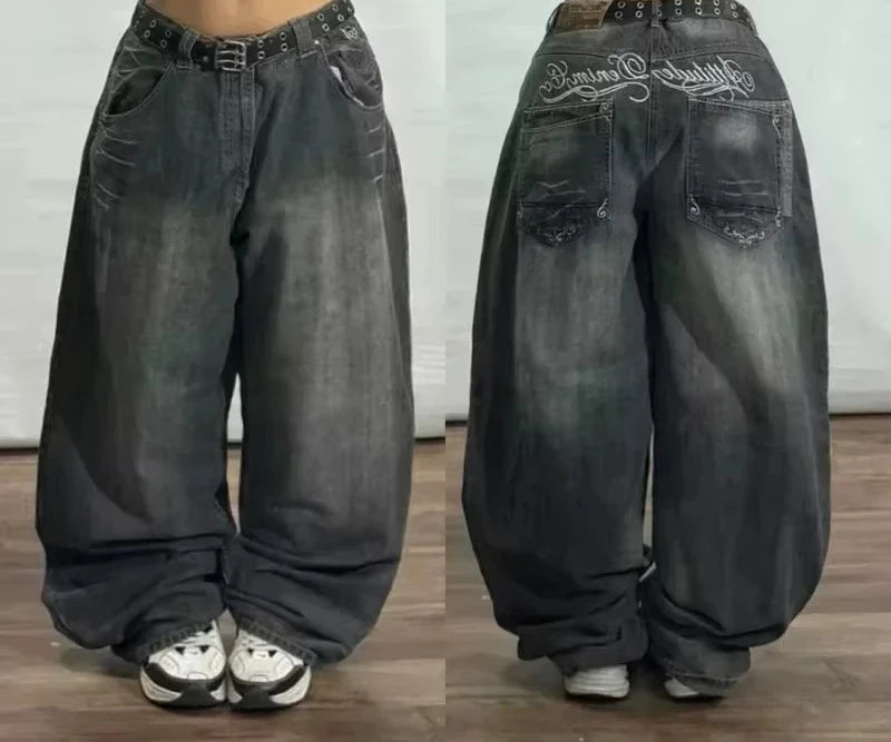 American Y2K New Casual Loose Pattern Print Loose Jeans Women Street Hip Hop Retro Oversized Wide-leg Pants Unisex Mopping Jeans