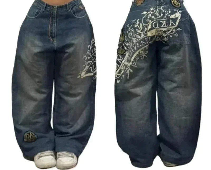 American Y2K New Casual Loose Pattern Print Loose Jeans Women Street Hip Hop Retro Oversized Wide-leg Pants Unisex Mopping Jeans