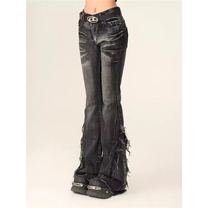 American Grey Frayed Y2K Flared Denim Jeans High Waist Wide Leg Elastic Horse Hoof Pants Youth Casual Sweet And Spicy Style